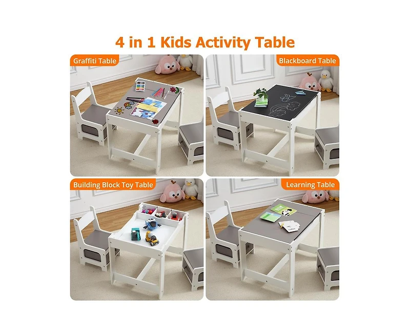gaomon Kids Table and Chair Set, 4 in 1 Children Activity Table w/Storage, Removable Tabletop, Blackboard, 3-Piece Toddler Furniture Set for Art, Craf