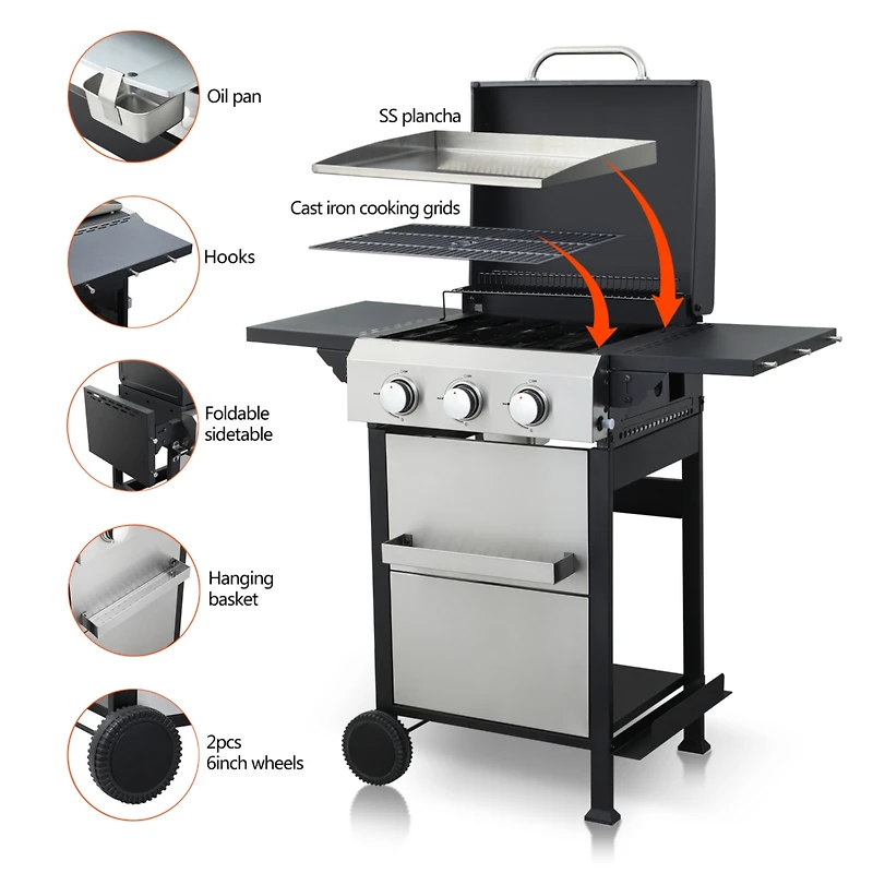 Streamdale 3-Burner Propane Bbq Grill with Ss Plancha & 36900BTU