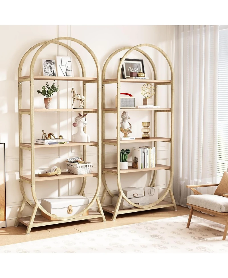 Tribesigns 5-Tier Open Bookshelf, 70.8" Tall Arched Bookcase, Modern Brown Metal Frame Storage Bookshelves