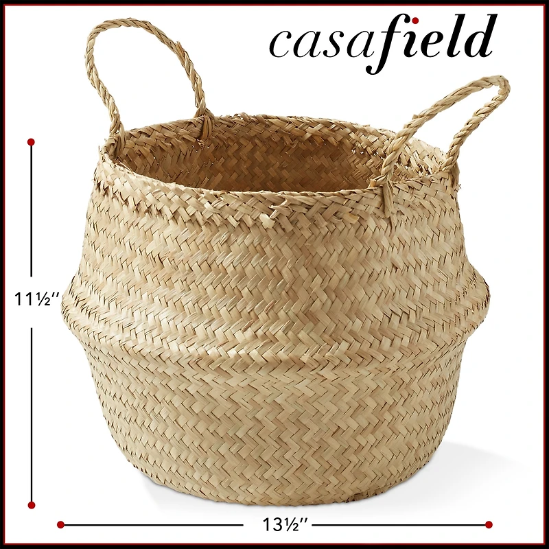 Casafield Seagrass Belly Basket with Handles - Large, Natural Woven Storage Bin Planter for Home Decor, Indoor Plant Pot Cover