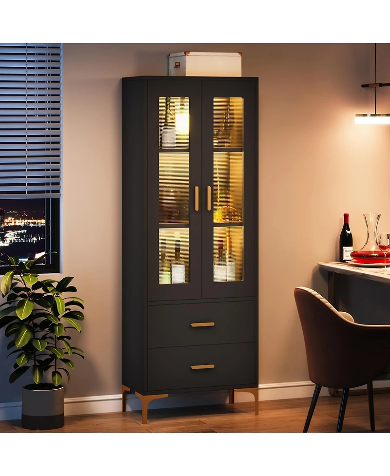 Tribesigns Bookcase with Doors and Led Light,Bookshelf with 2 Drawers, Freestanding Tall Storage Cabinet for Living Room, Bathroom, Office, Kitchen,2P