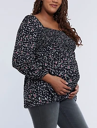 Motherhood Maternity Smocked Square Neck Long Sleeve Babydoll Top