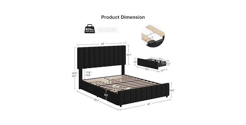 gaomon Queen Linen Upholstered Platform Bed Frame with 4 Storage Drawers