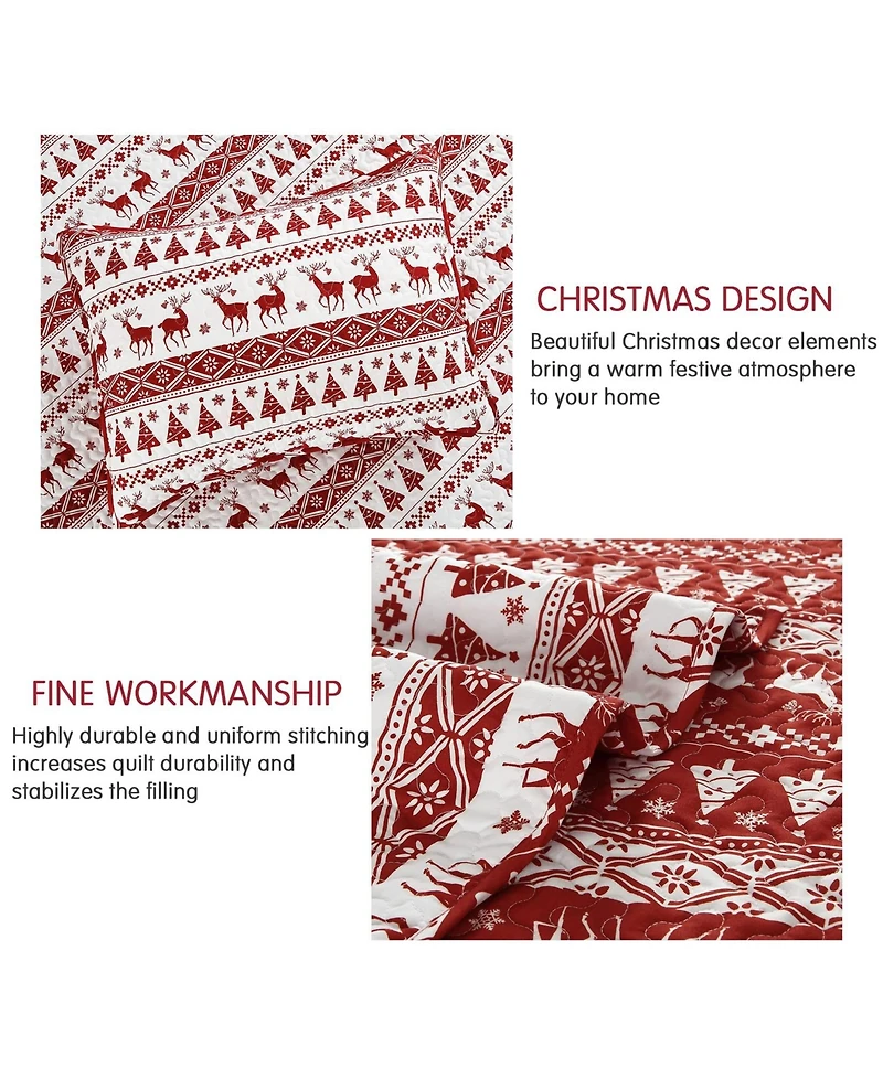 gaomon Christmas Quilt Set Queen, 3-Piece Reversible Boho Bedspread with Christmas Tree, Reindeer & Snowflake Pattern, Lightweight All-Season Bedding