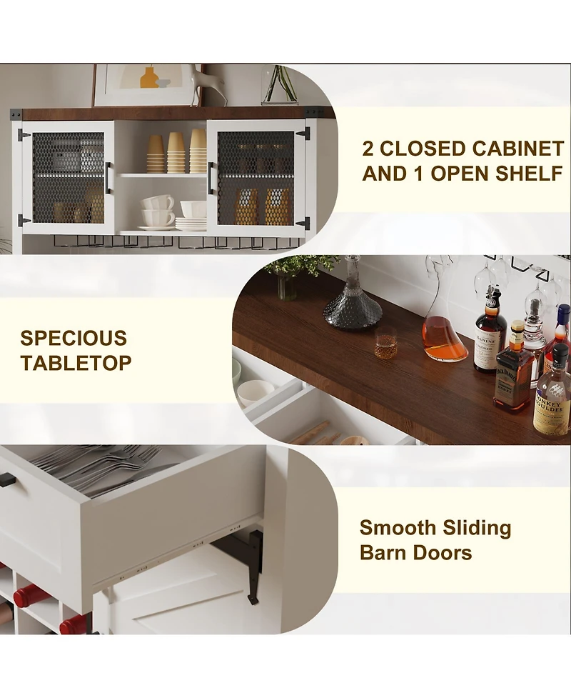 gaomon Farmhouse Bar Cabinet with Sliding Barn Door, Tall Kitchen Buffet Hutch Cabinet with Wine & Glasses Rack, Rustic Coffee Bar Sideboard for Livin