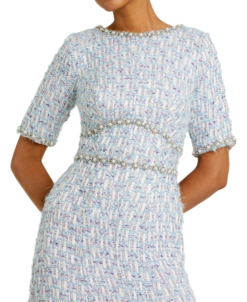 Mac Duggal Women's Short Sleeve Beaded Trim Boucle Midi Dress
