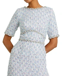 Mac Duggal Women's Short Sleeve Beaded Trim Boucle Midi Dress