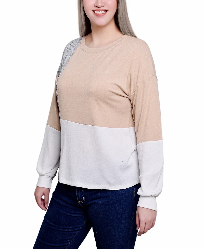Ny Collection Petite Long Sleeve Colorblocked Boat Neck Top