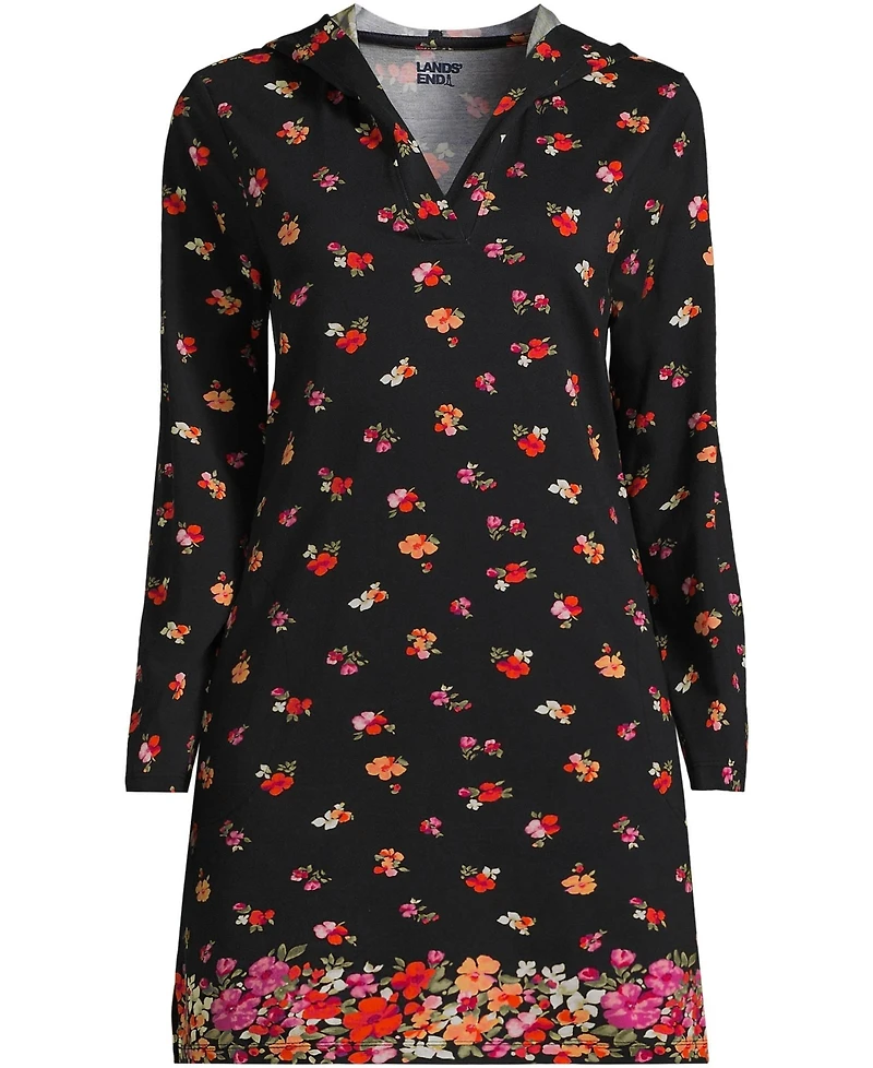 Lands' End Women's Cotton Jersey Long Sleeve Hooded Swim Cover-up Dress