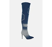 Eilish Rhinestones Knee High Denim Boots