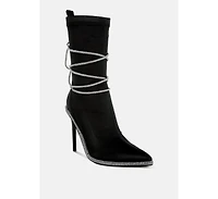 Dacia Rhinestones Strap Satin Calf Boots