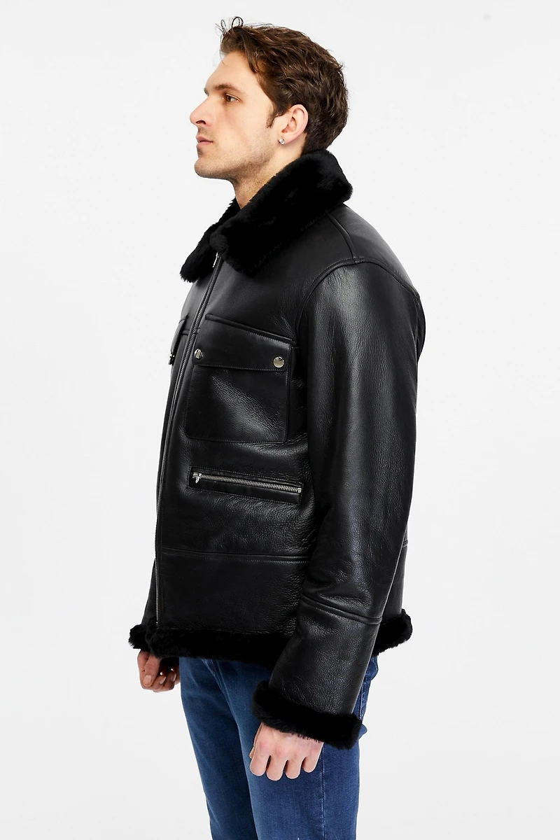 Furniq Uk Men's Leather Shearling Jacket