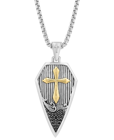 Effy Men's Black Zircon (1/8 ct. t.w.) Cross Shield 22" Pendant Necklace in Sterling Silver & 18k Yellow Gold Over Sterling Silver
