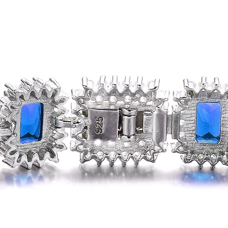 Sterling Silver with Blue & Cubic Zirconia Rectangular Halo Cluster Link Vintage Tennis Bracelet