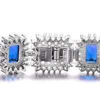 Sterling Silver with Blue & Cubic Zirconia Rectangular Halo Cluster Link Vintage Tennis Bracelet