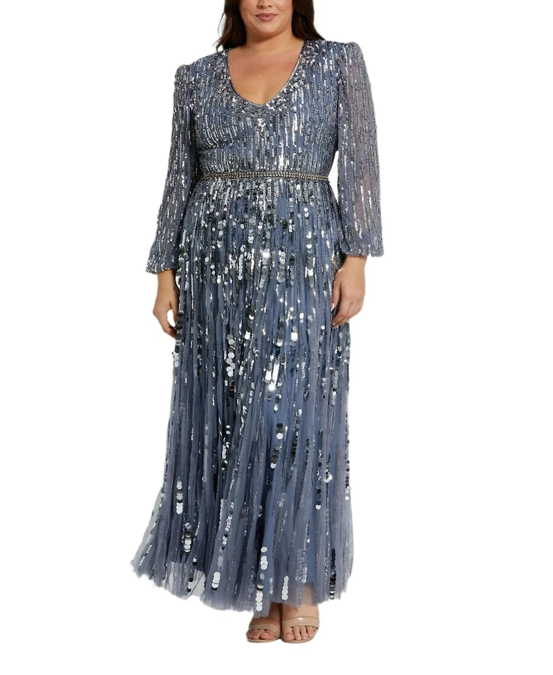 Mac Duggal Plus Long Sleeve Beaded Crystal Deep V Neckline Gown