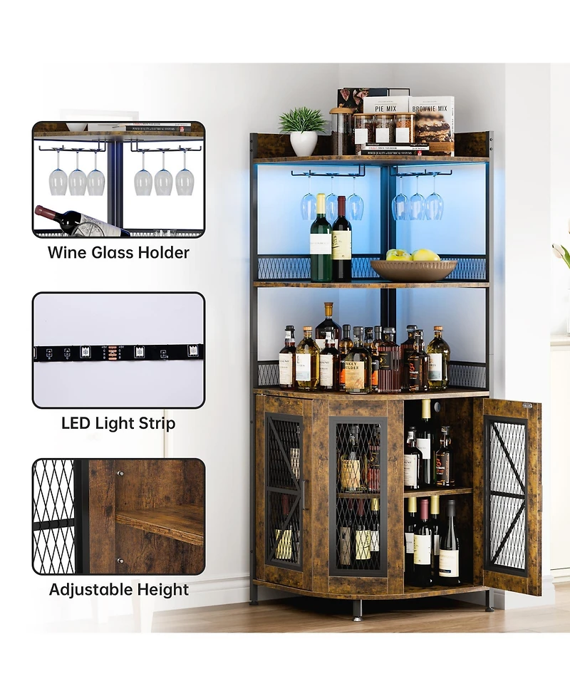 gaomon Tall Corner Bar Cabinet with Power Outlet and Led, Wine Cabiner for Liquor, Industrial Corner Cabinet with Wine Storage, 5-Tiers Liquor Cabinet
