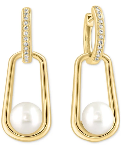 Effy Cultured Freshwater Pearl (7mm) & Diamond (1/8 ct. t.w.) Polished Oval Drop Earrings in 14k Gold