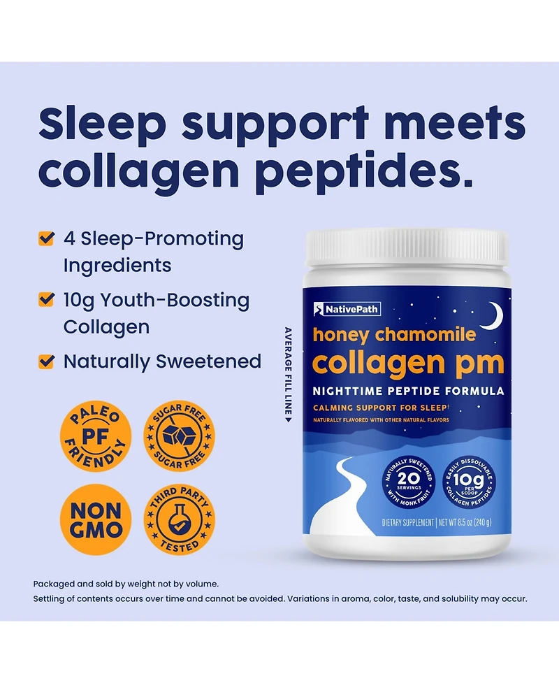 NativePath Collagen Pm - Honey Chamomile Nighttime Collagen Peptides Powder with Magnesium, Gaba, L-Theanine and Melatonin - 20 Servings
