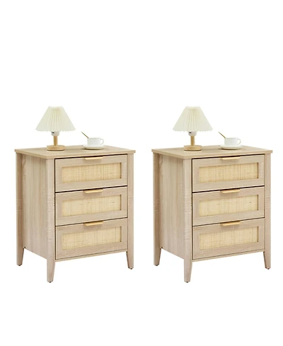 gaomon Nightstand Set of 2, Rattan End Table, Rattan Nightstand Boho Cabinet with 3 Natural Rattan Drawers