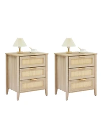 gaomon Nightstand Set of 2, Rattan End Table, Rattan Nightstand Boho Cabinet with 3 Natural Rattan Drawers