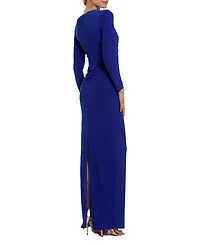 Mac Duggal Women's Long Sleeve Jersey V Neck Twist Knot Gown