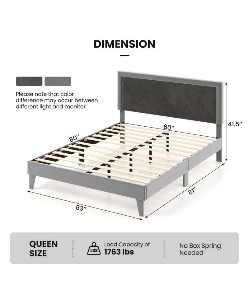 Sugift Queen Platform Bed with High Headboard and Wooden Slats
