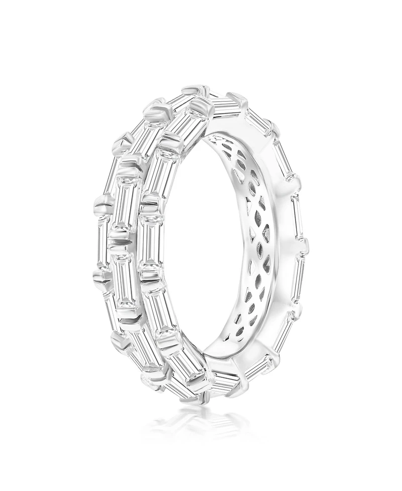 Suzy Levian Sterling Silver Cubic Zirconia White Baguette Three Row Eternity Band