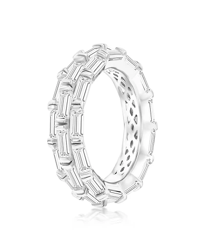 Suzy Levian Sterling Silver Cubic Zirconia White Baguette Three Row Eternity Band
