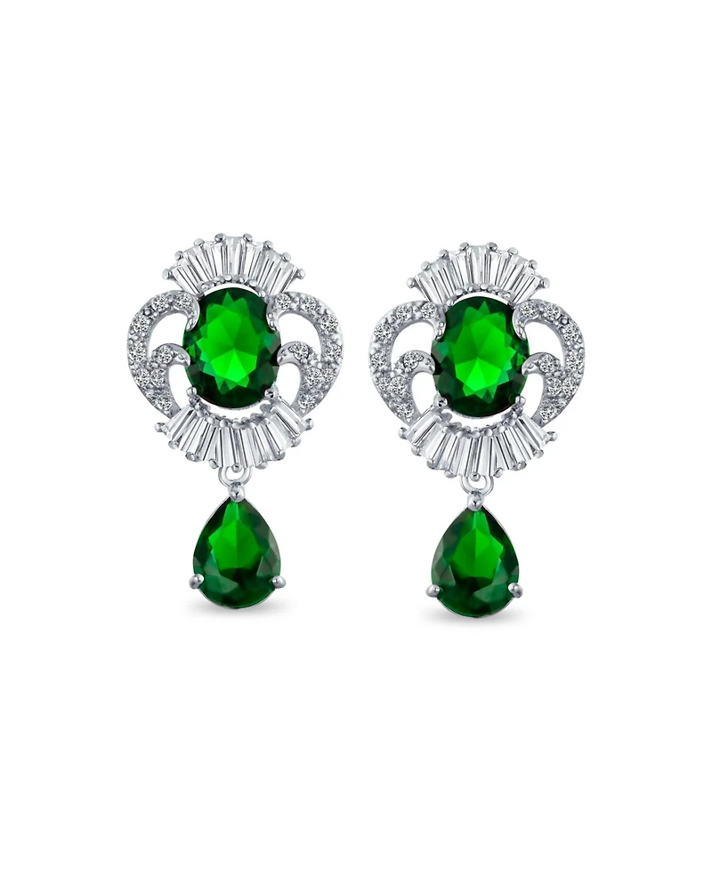 Bling Jewelry Art Deco Style Cz Teardrop Crown Baguette Dangle Drop Earrings Silver Plated Brass