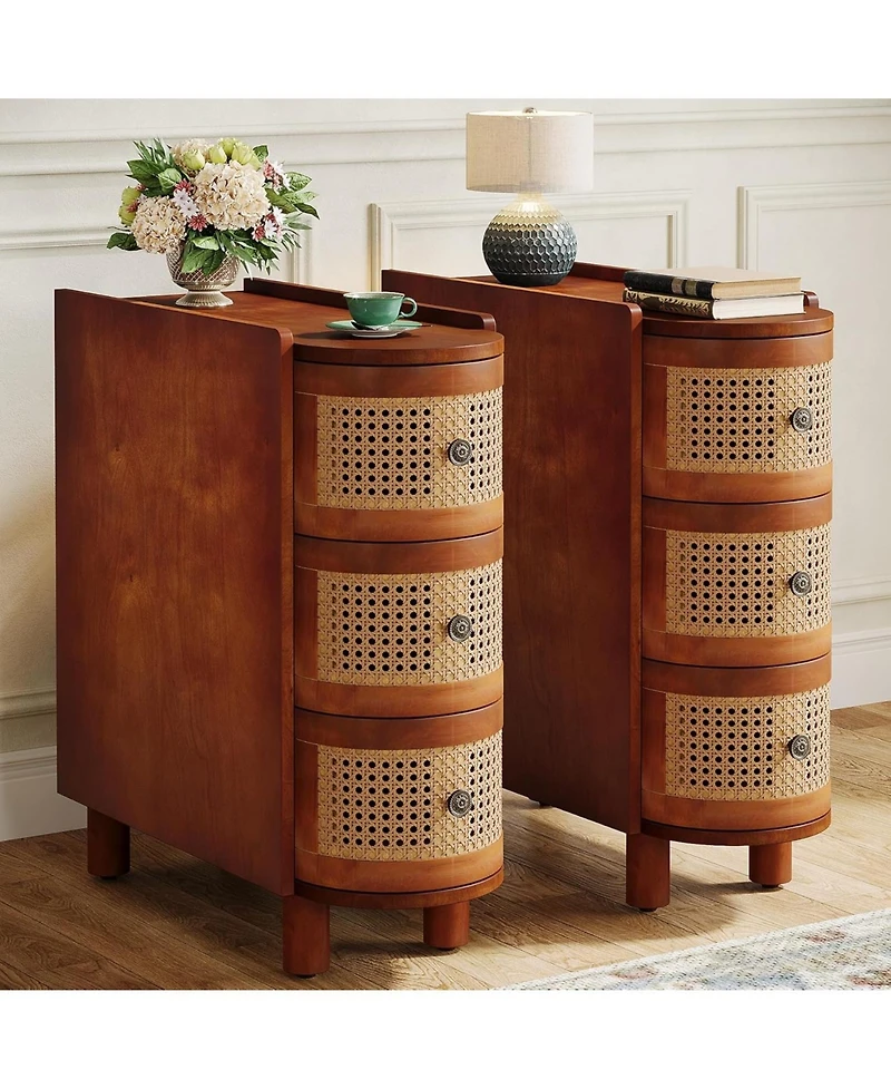 Tribesigns Solid Wood End Table Set of 2, 3-Drawer Rattan Side Table, Night Stand with 3 Rattan Drawers and Exquisite Embossed Handles for Living Room
