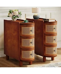 Tribesigns Solid Wood End Table Set of 2, 3-Drawer Rattan Side Table, Night Stand with 3 Rattan Drawers and Exquisite Embossed Handles for Living Room