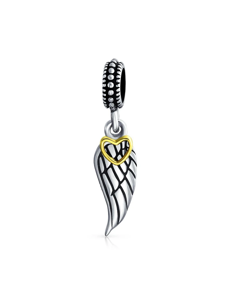 Bling Jewelry Two Tone Heart Dangle Charm Bead with Angel Wing Feather Bracelet