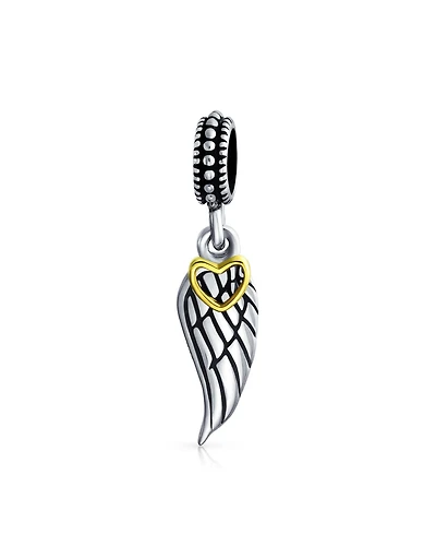 Bling Jewelry Two Tone Heart Dangle Charm Bead with Angel Wing Feather Bracelet