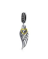 Bling Jewelry Two Tone Heart Dangle Charm Bead with Angel Wing Feather Bracelet