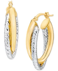 Polished & Diamond Cut Double-Row Oval Bypass Hoop Earrings in 14k Yellow & White Gold