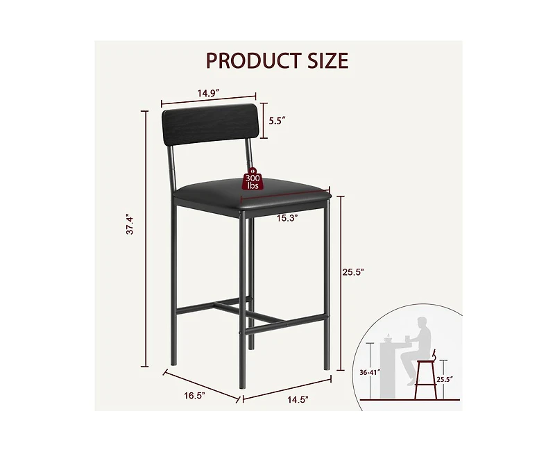 Bar Stools Set of 4, Kitchen with Footrest, 25.5 Inches Upholstered Chairs Back, 4 Counter Height Barstools for Bar, Islan