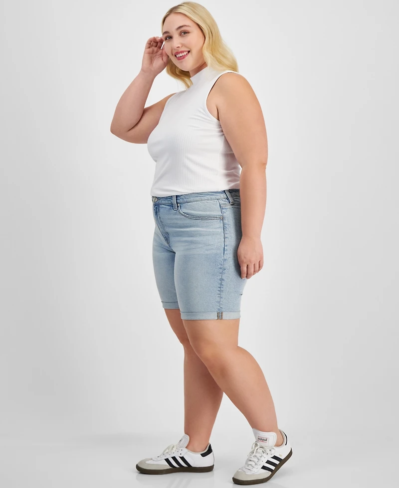 Celebrity Pink Trendy Plus Rolled-Cuff Denim Shorts
