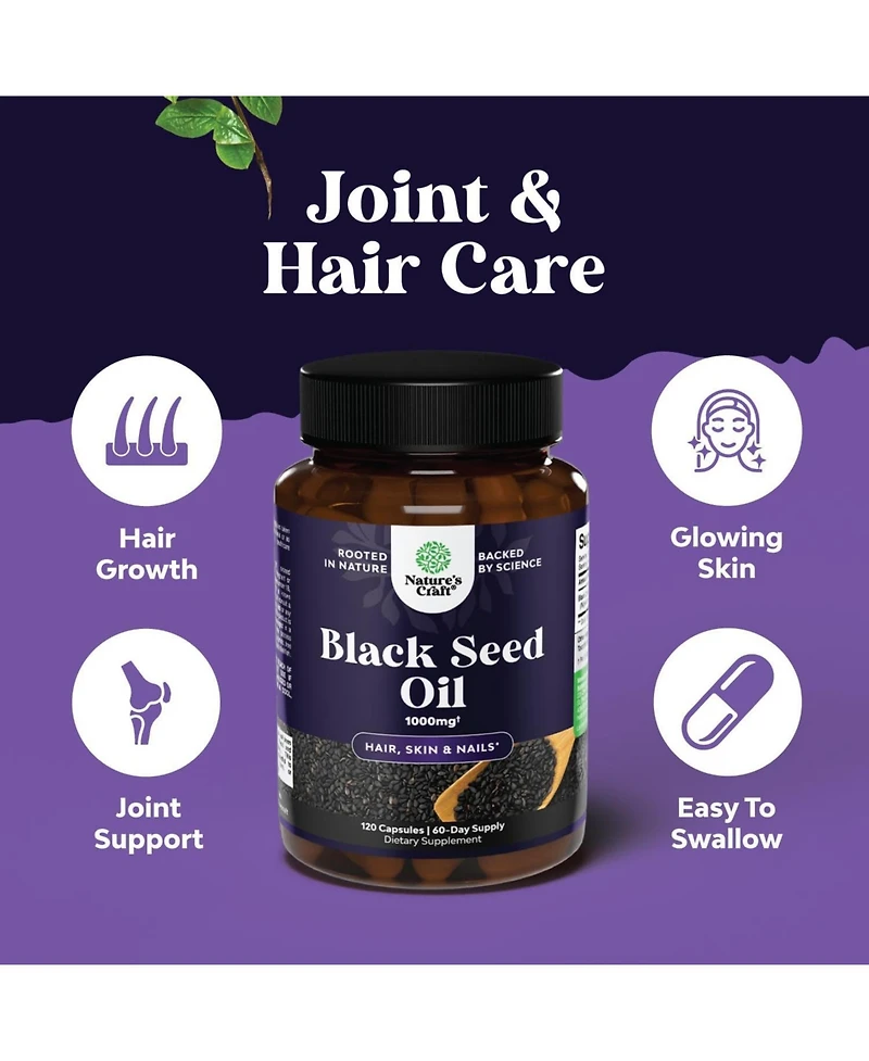Nature's Craft Cold Pressed Black Seed Oil Capsules, Nigella Sativa Black Cumin Seed Oil Capsule for Immune Support Joint Health and Digestion, Nature