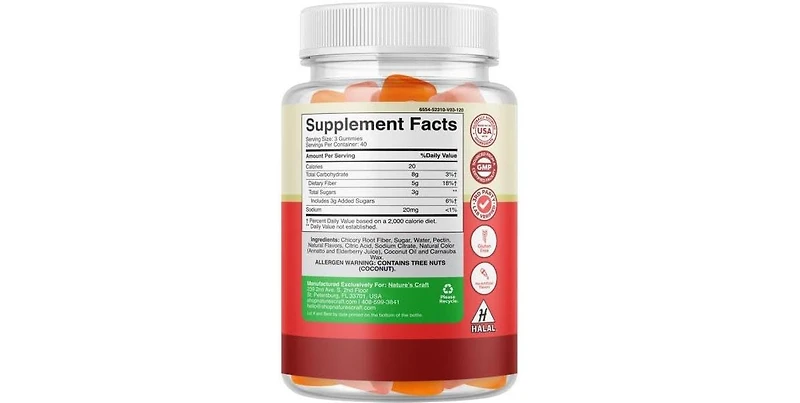 Prebiotic Fiber Gummies for Adults, Prebiotic Soluble Chicory Root, Immunity & Digestive Support, Orange & Mixed Berry Flavor, Nature's Craft, 30ct