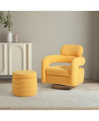 WestinTrends Mid-Century Modern Faux Sherpa Swivel Barrel Accent Chair With Storage Ottoman