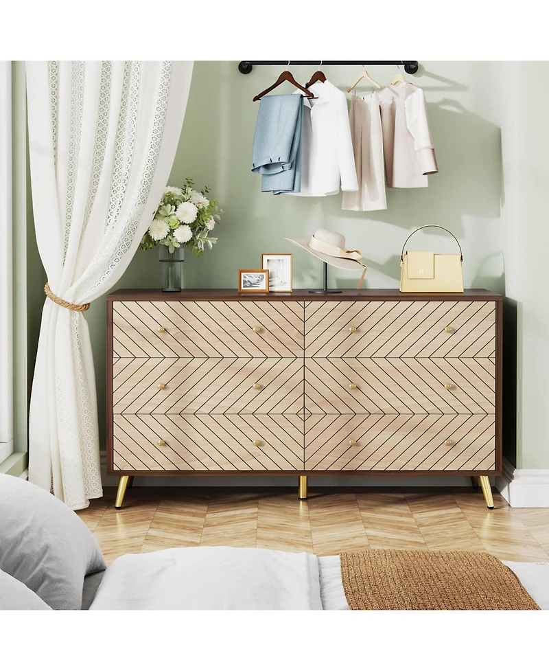 Tribesigns 47-Inch Dresser for Bedroom with 6 Drawers, Double Wide Chest of Drawers with Gold Legs, Wood and Metal Storage Dresser for Closet, 6-Drawe