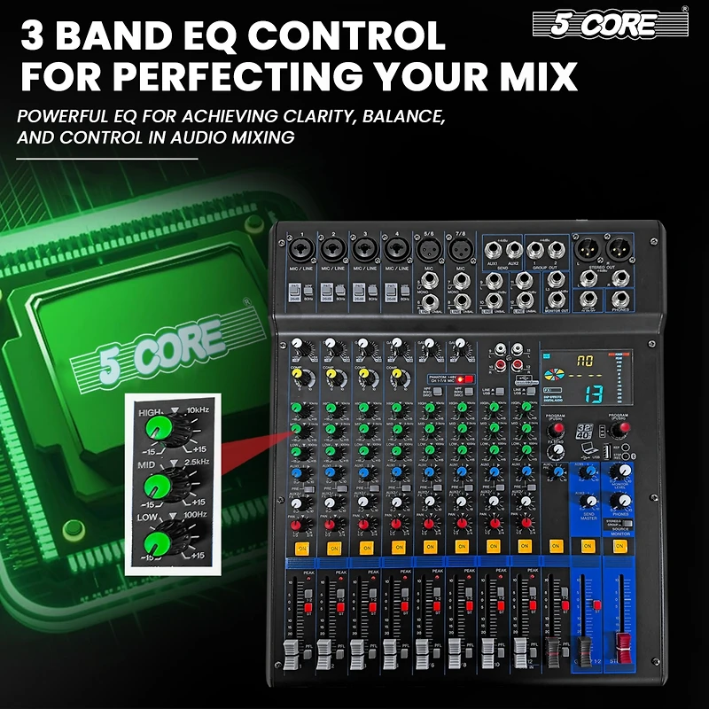 5 Core Audio Dj Mixer 12 Channel Sound Board Console w 99 Dsp Effect 48V Phantom Power