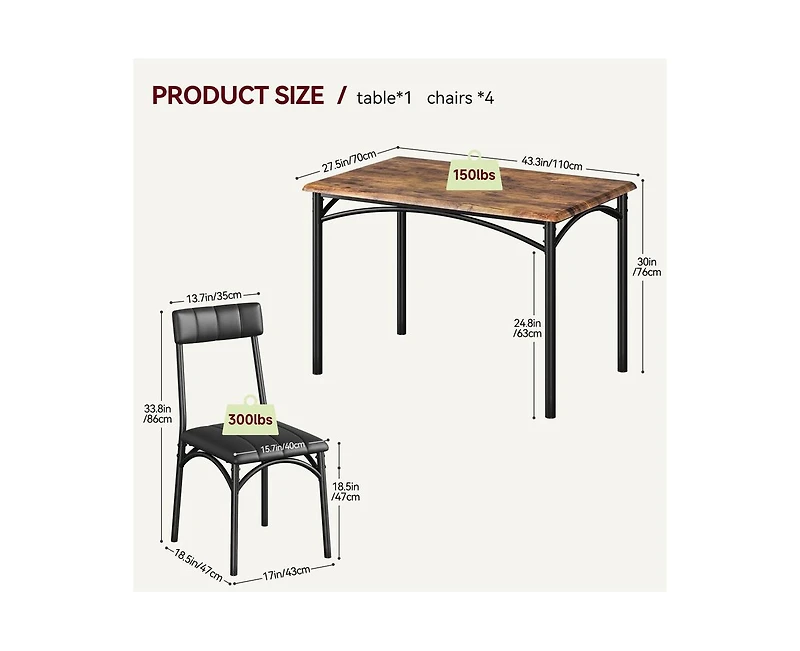 gaomon Dining Table Set for 4, Kitchen with 4 Upholstered Chairs, 5 Piece Rectangular Room Set, Small Space, Apartment, Home, K