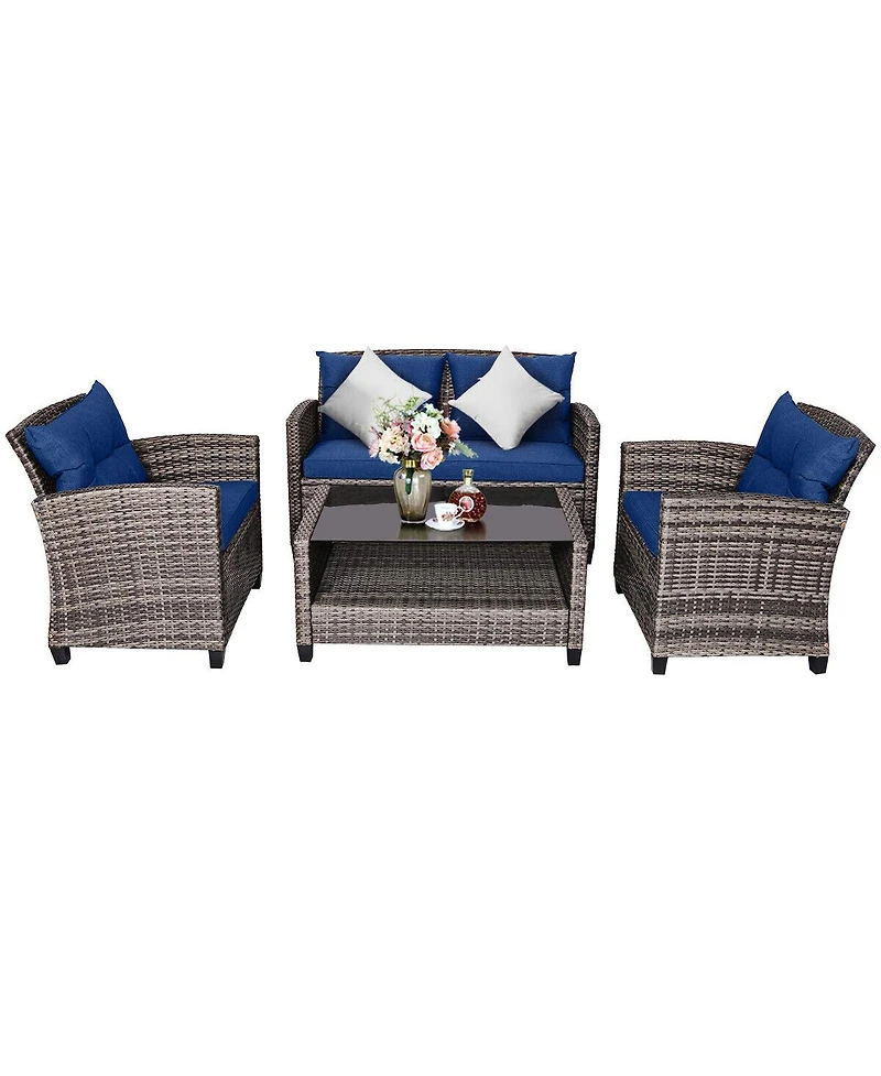 Gouun 4 Pieces Patio Rattan Furniture Set with Coffee Table and Cushioned Sofa