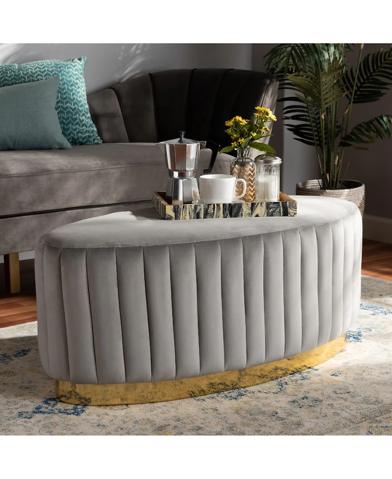 Baxton Studio Kirana Glam and Luxe Navy Blue Velvet Fabric Upholstered and Gold Pu Leather Ottoman
