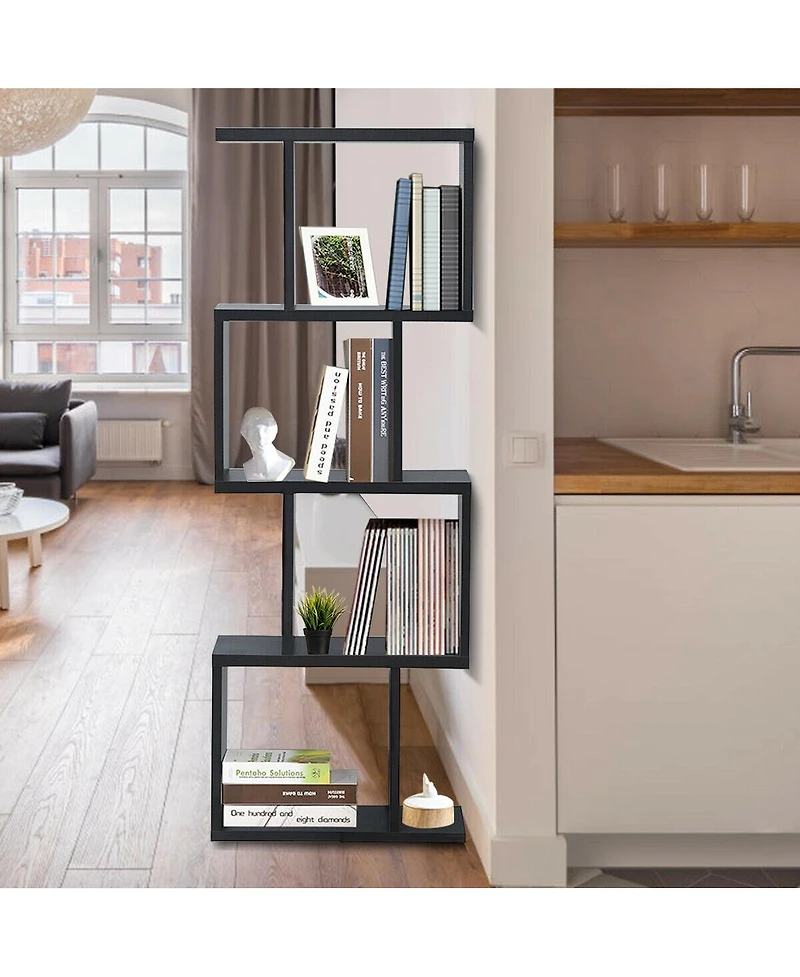 Gouun 4 Tiers Wooden S-Shaped Bookcase for Living Room Bedroom Office