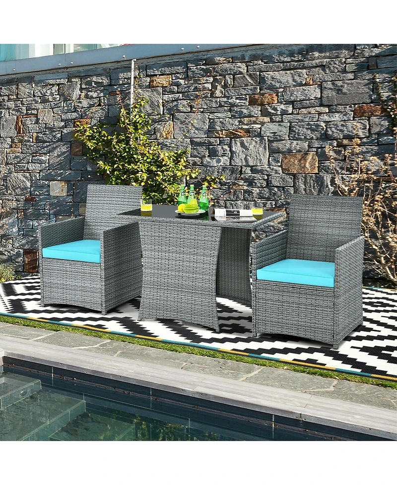 Gouun 3-Piece Patio Rattan Furniture Set with Cushioned Chairs and Glass Table