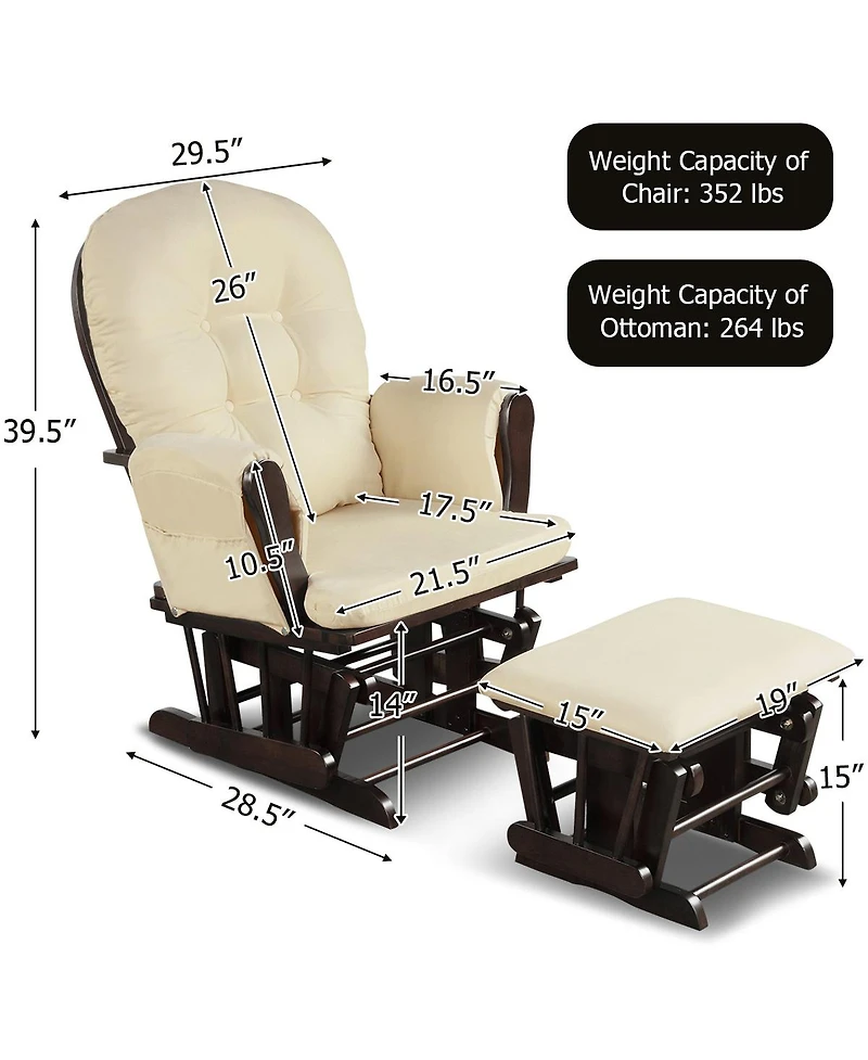Gouun Wood Glider and Ottoman Set with Padded Armrests and Detachable Cushion