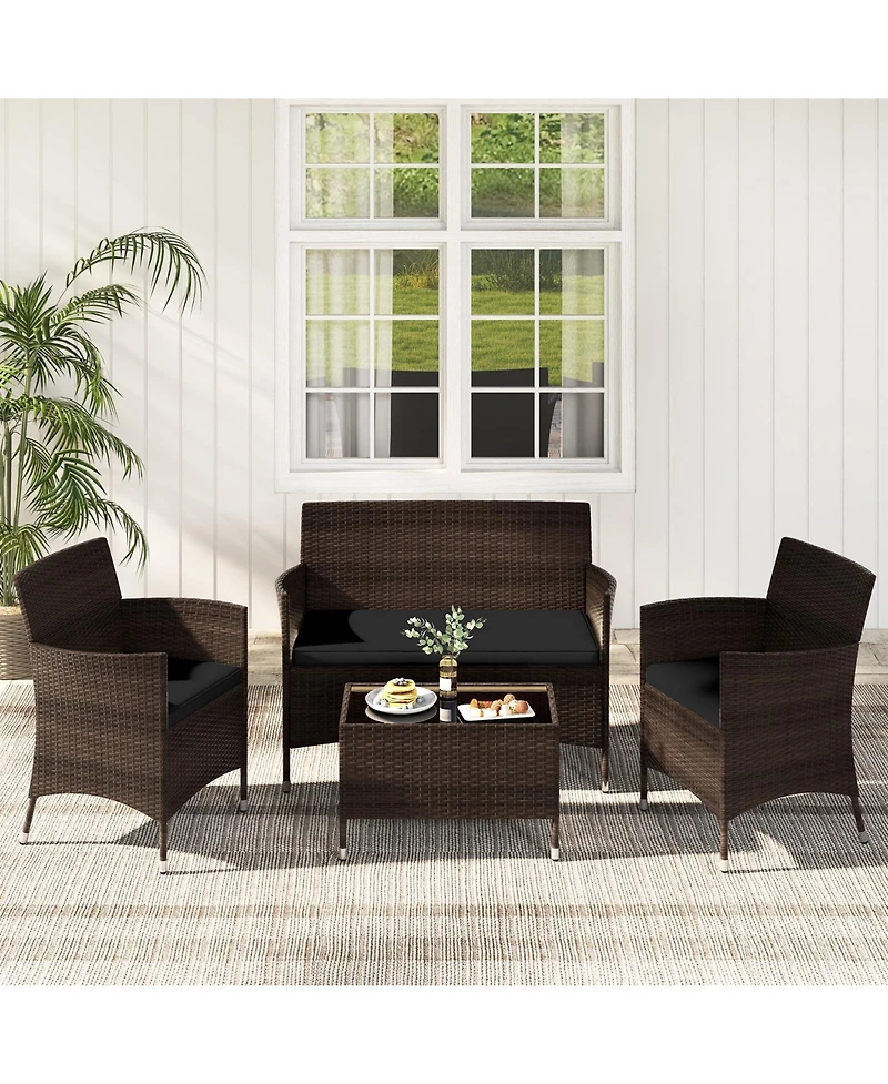 Gouun 4 Pieces Rattan Sofa Set with Glass Table and Comfortable Wicker for Outdoor Patio